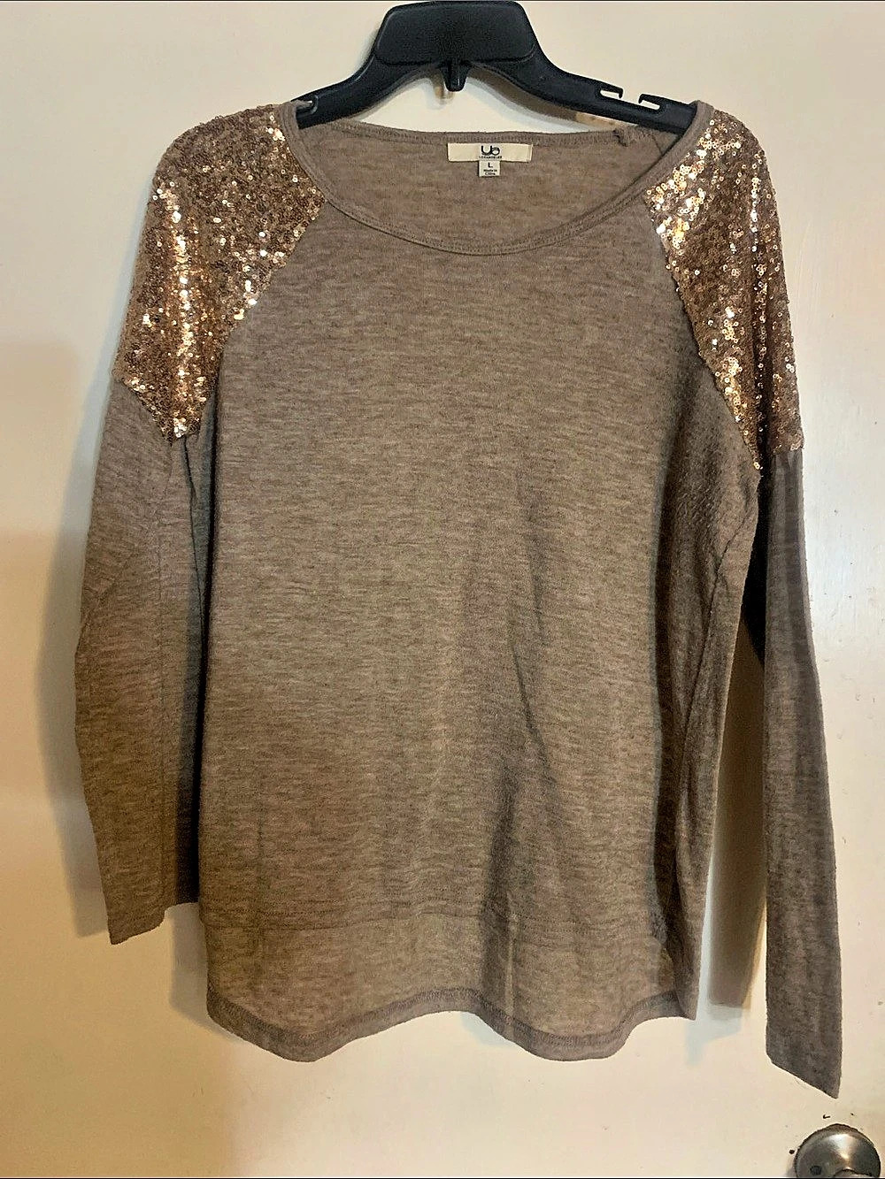 Ya Los Angeles Sequin Shoulder Long Sleeve Top in Beige Large